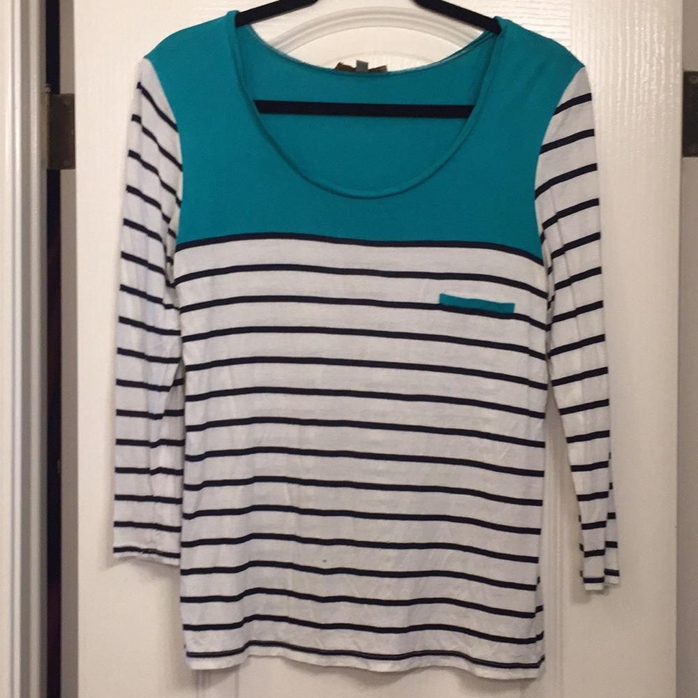 Teal, white, navy striped shirt